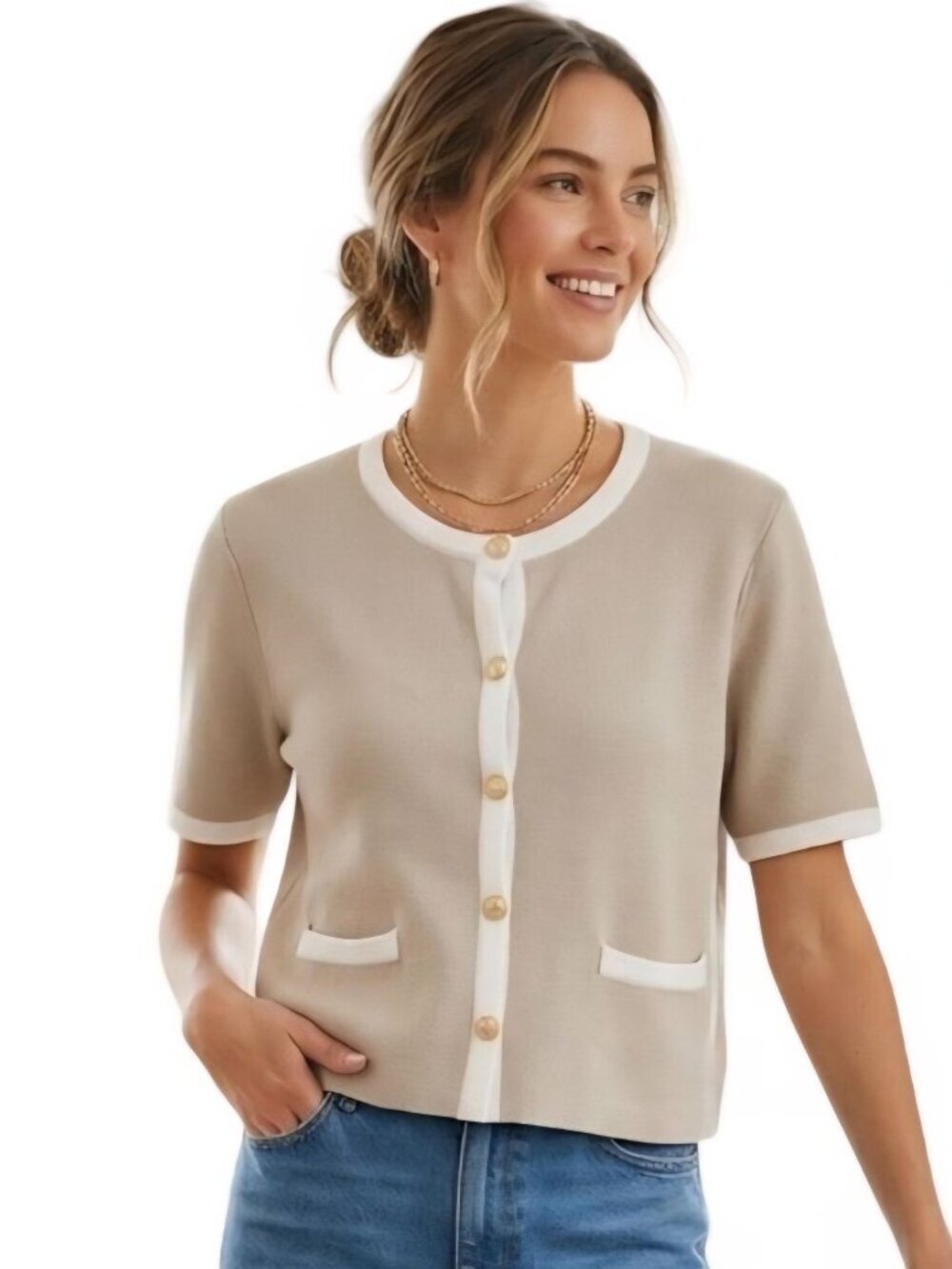 Truth By Republic NWT Tan Gold Button Lady Jacket Cardigan Sweater Size L